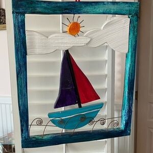 Nautical/Beach/Coastal Wall Decor Of Abstract Wooden Sailboat On Waves.